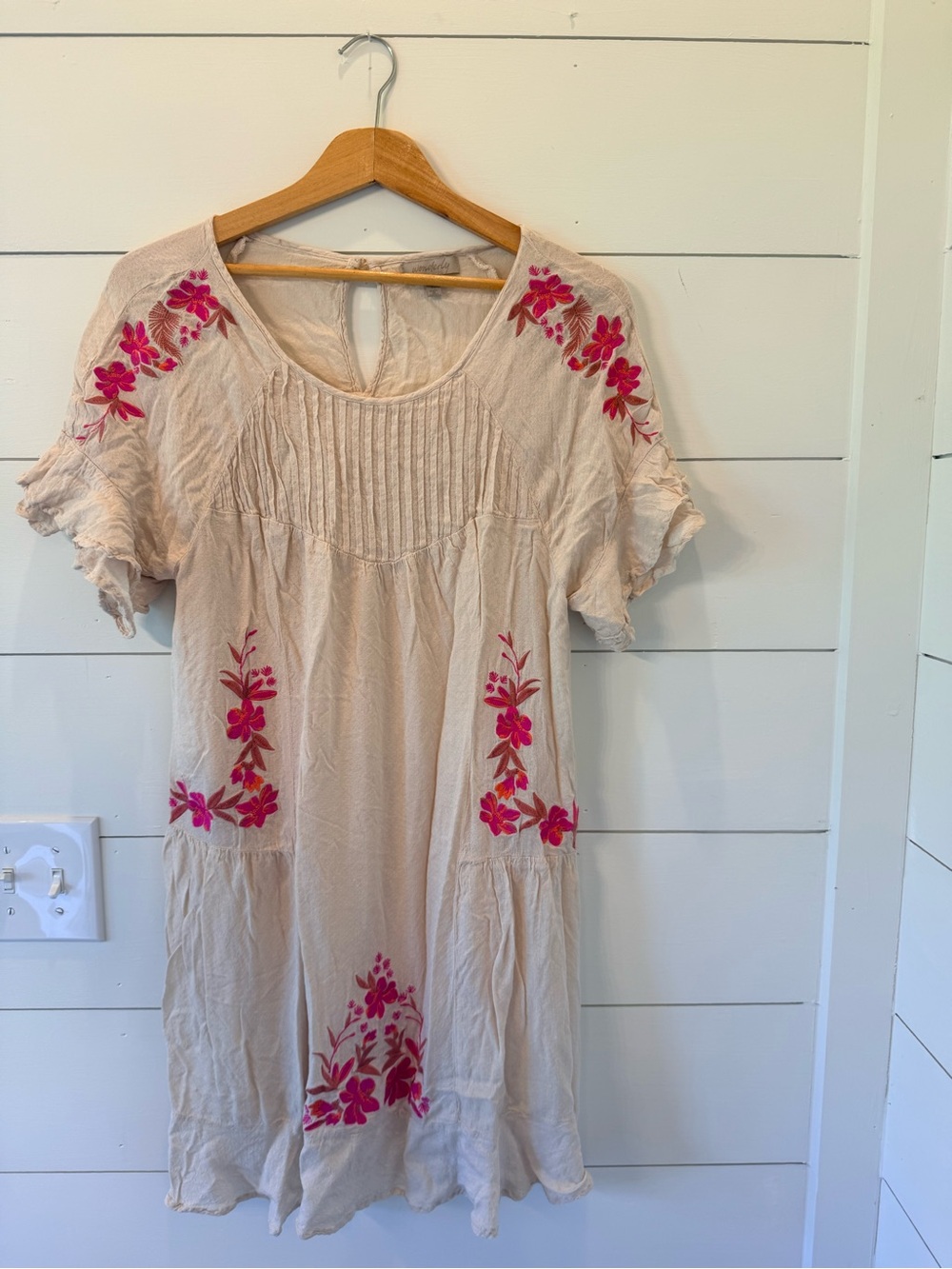 Wonderly Beige Mini Dress with Pink Floral Embroidery